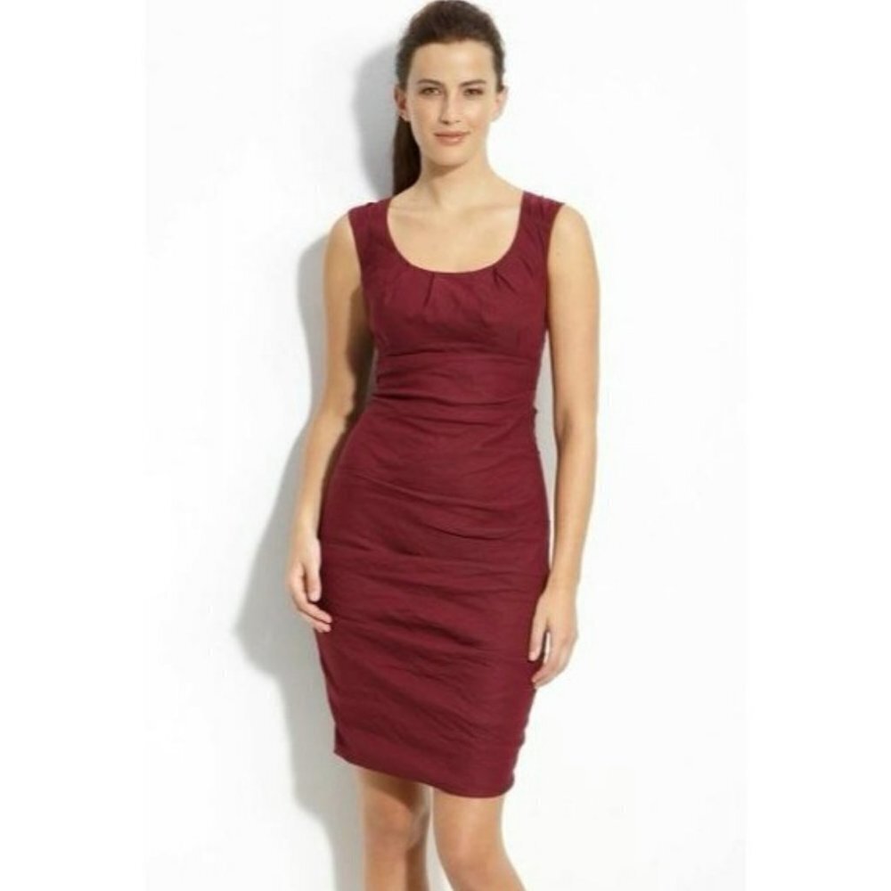 Eileen Fisher Burgundy Shirred Ruched Bodycon Sleeveless Midi Dress 10